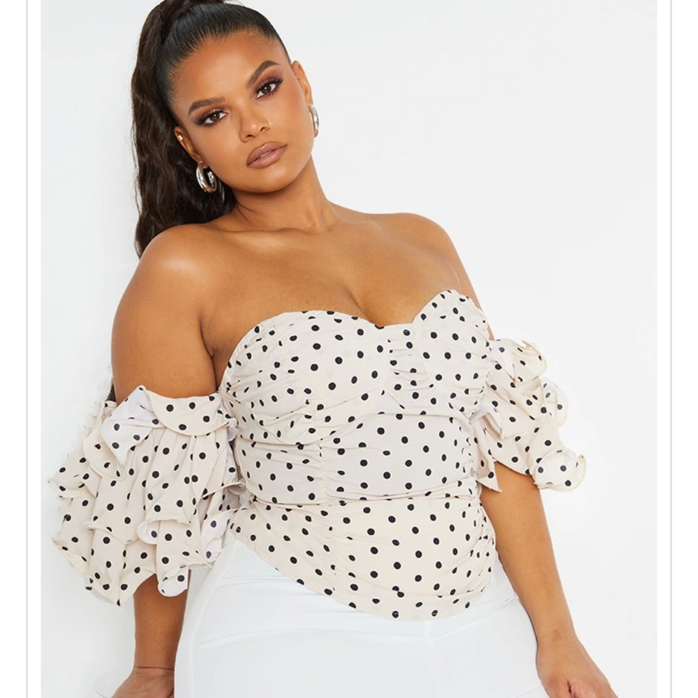 Cream Polka Dot Ruffle Puff Sleeve Bardot Crop Top